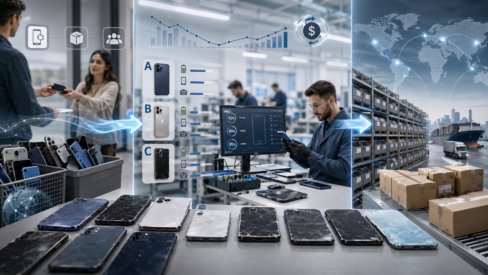 Used iPhone wholesale supply chain showing untested devices, grading, quality control and global distribution
